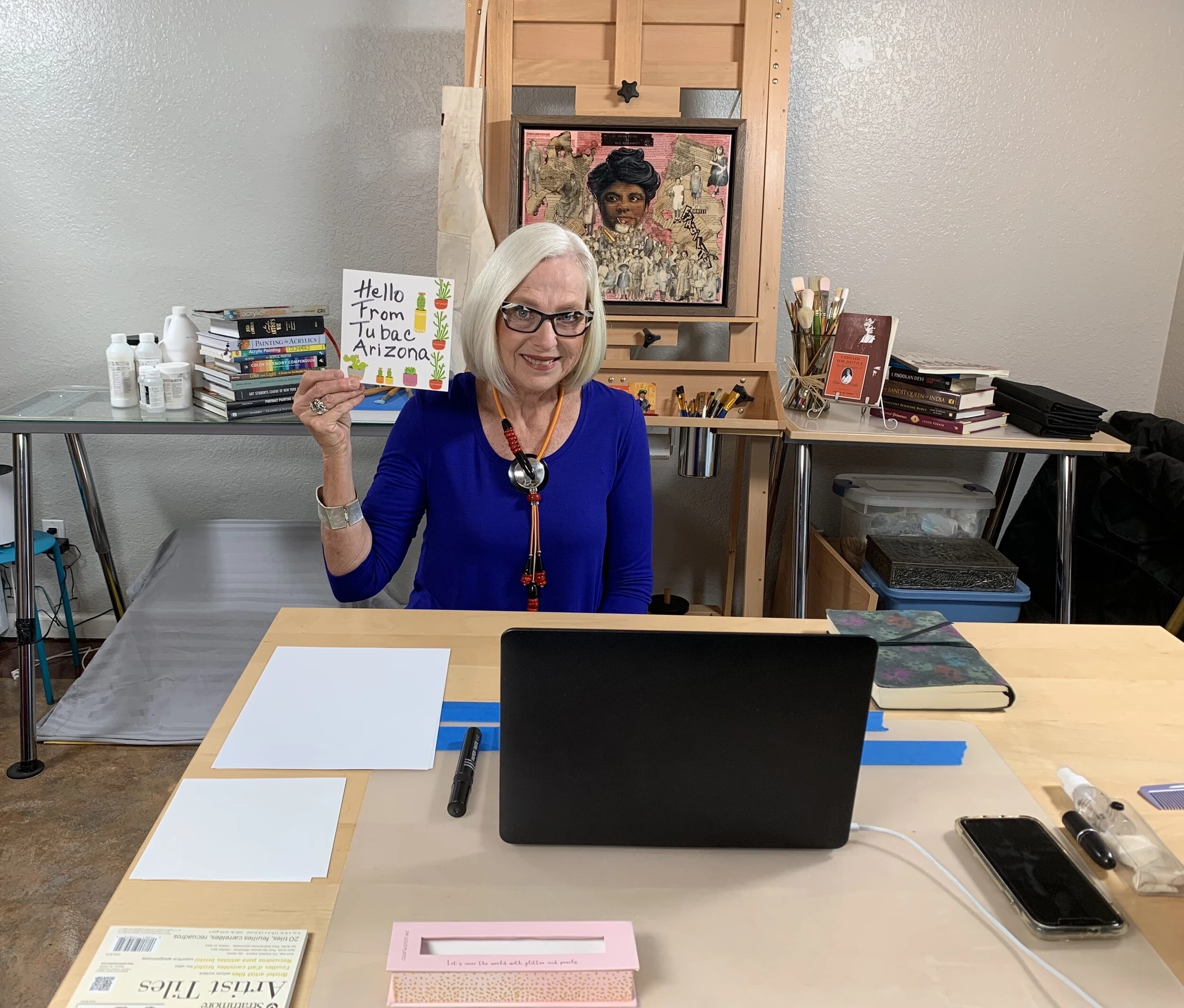 PLF Visual Artist, Patsy Ferrell, is working on Story Collages that feature the lives of women Human Equality Pioneers including Ida B. Wells (shown in the background).